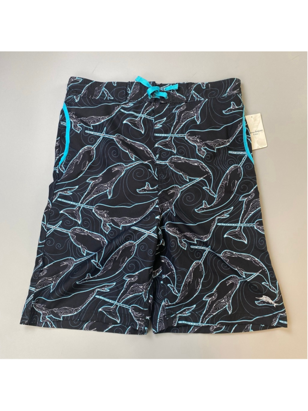 Tommy Bahama Board Shorts BOYS XL Black Blue Narwhal Print Lined Island Life